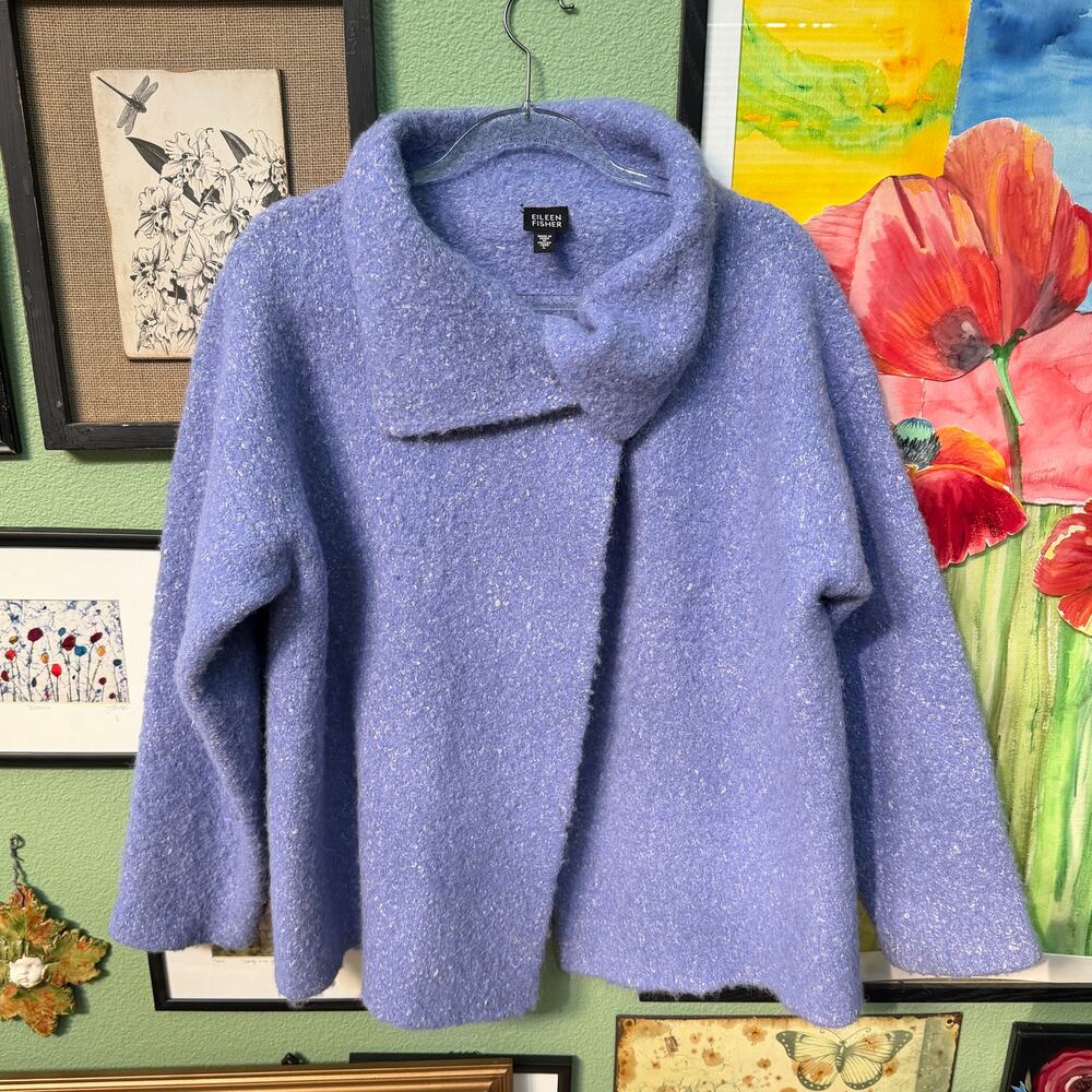 Eileen Fisher Jacket Women SZ L Blue Gray Alpaca Wool Silk Boucle Knit Cardigan